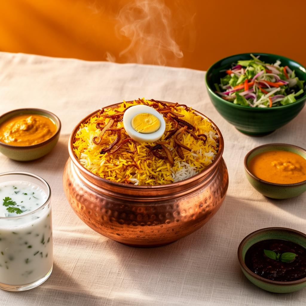 Kacchi biryani in a copper handi with sides