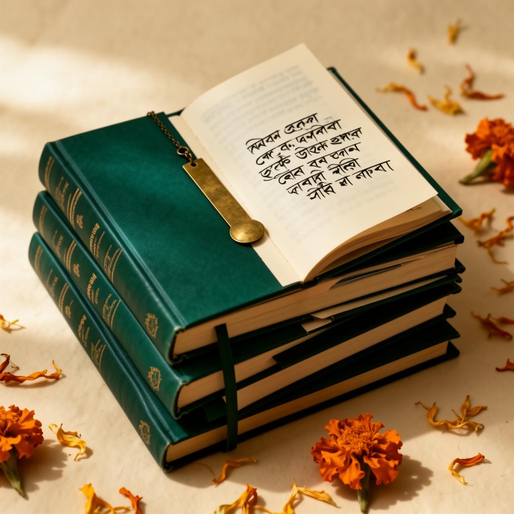 A stack of teal-bound books with Bengali calligraphy